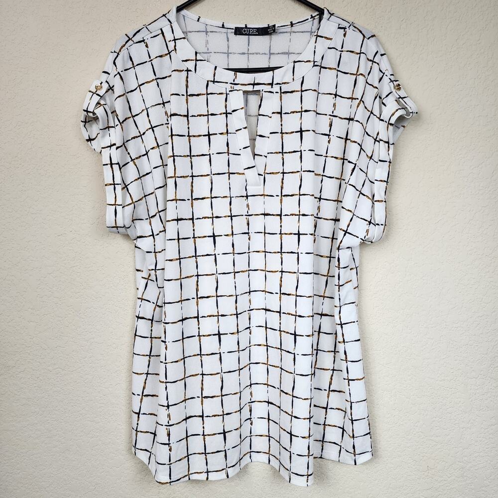 Vintage White Grid Print Blouse with Black & Gold Lines